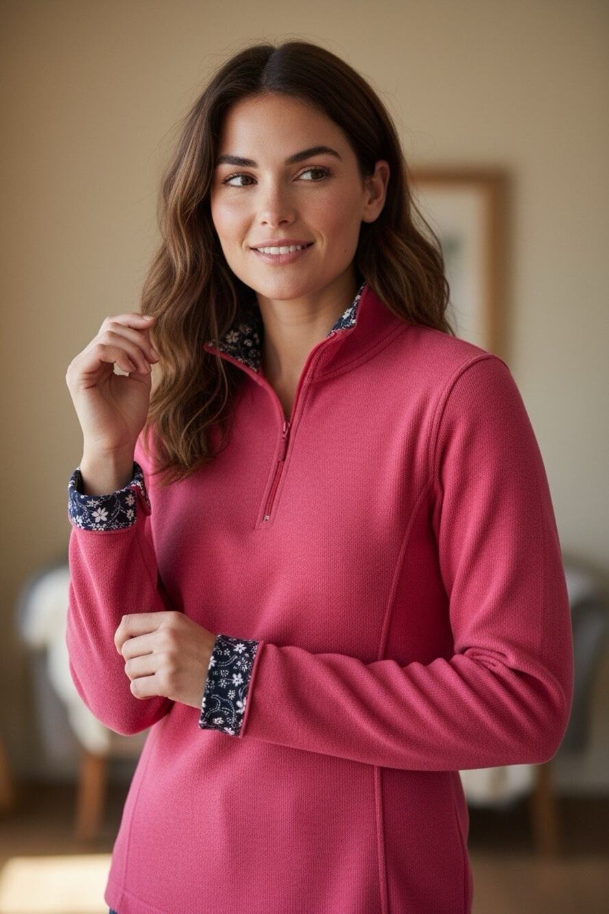 Orvis Women's Coral Red 1/4 Zip Sweater Floral Collar Cuffs Top Size M Classic